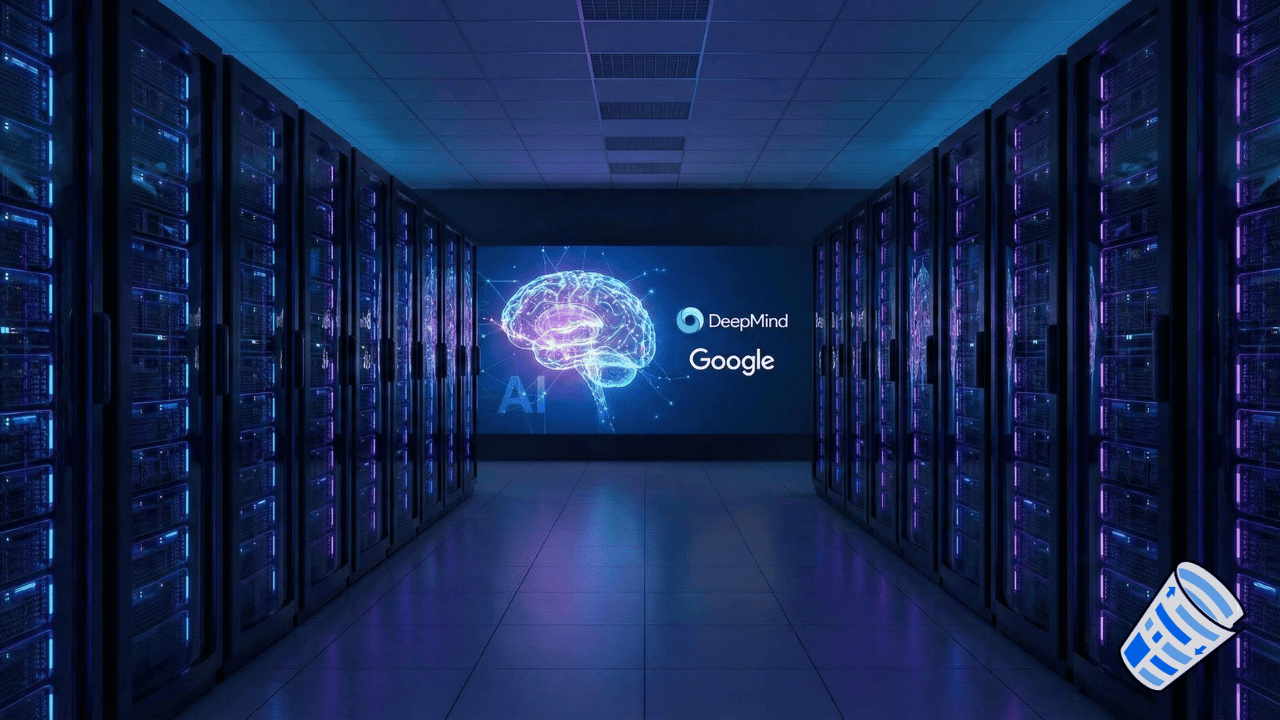 A server room with illuminated racks lines both sides, and a wall display shows an AI brain graphic featuring Demis Hassabis alongside "DeepMind" and Google's AI logos.