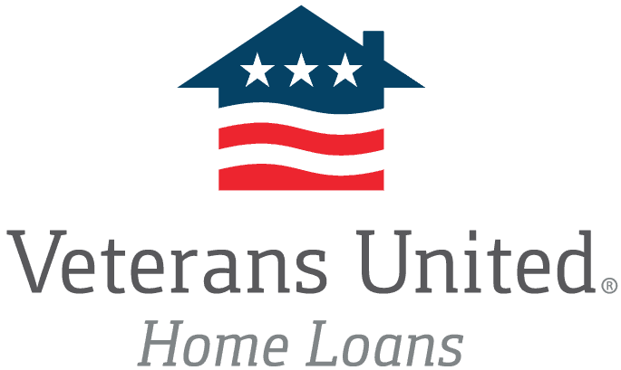 Logo for Veterans United Home Loans featuring a stylized house with three stars and red and white stripes above the company's name in gray text.
