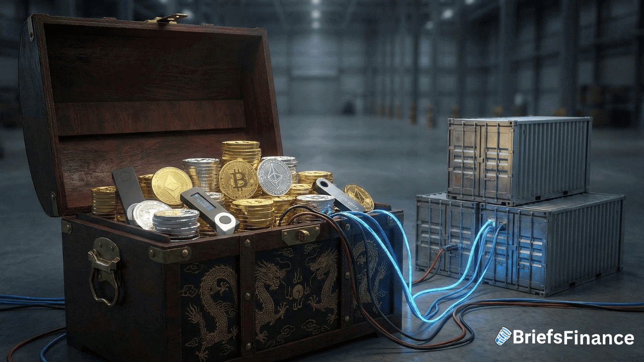 A treasure chest with gold coins, cryptocurrency tokens, and hardware wallets sits in a warehouse next to shipping containers—digital cables connect them, hinting at crypto laundering risks faced by Chinese crime networks in 2025. Logo: BriefsFinance.