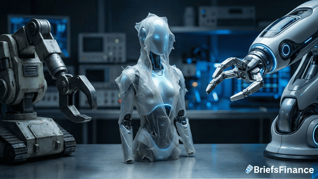 A humanoid robot, powered by AI Agent technology and covered in plastic, sits between two OpenClaw mechanical arms in a laboratory, with electronic equipment visible in the background. The BriefsFinance logo is in the corner.