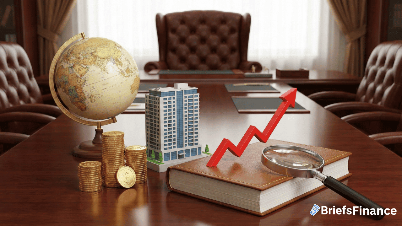 A globe, stacked coins, a model building, and a red upward arrow sit on a desk in an office, suggesting global real estate investment growth.