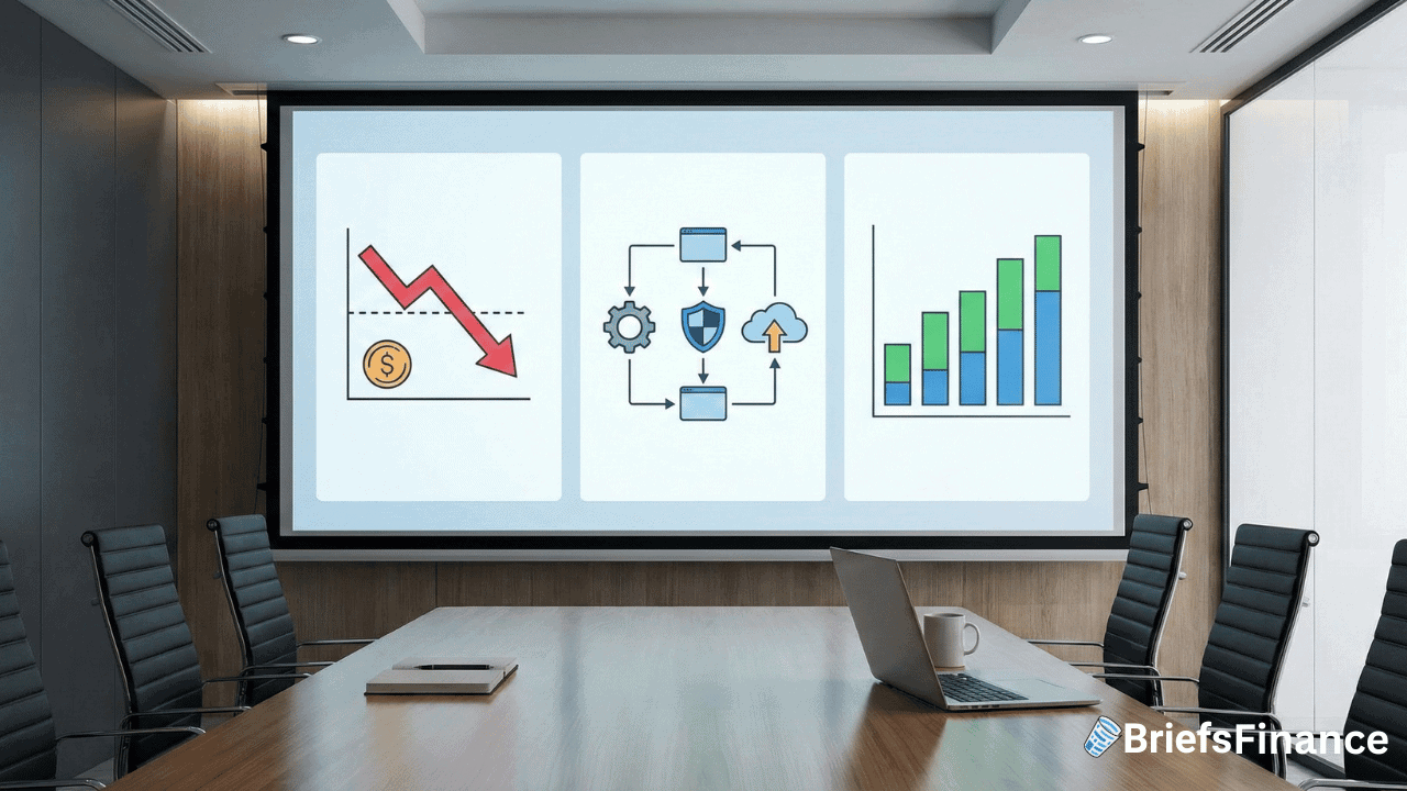 A conference room with a large screen displays three diagrams: a Stock Drops graph, a workflow chart, and a rising bar chart. A laptop is on the table.