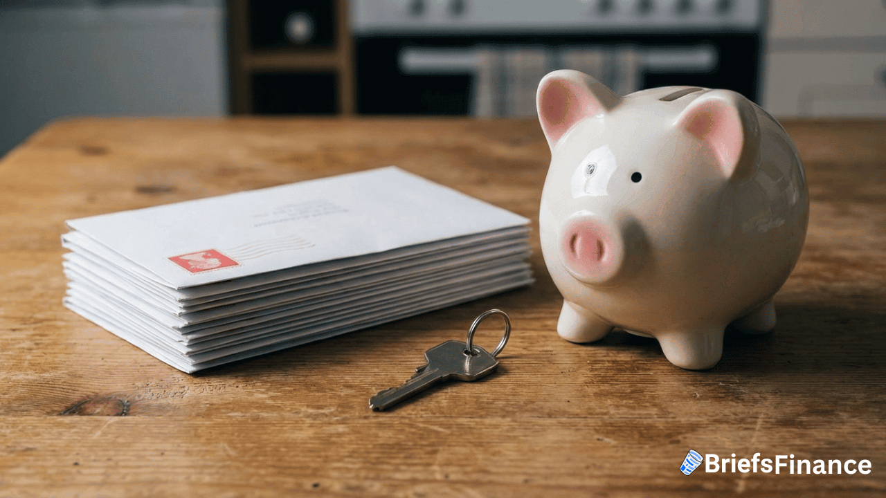 A stack of envelopes, a metal key, and a ceramic piggy bank sit on a wooden table—silent reminders for homeowners facing rising mortgage delinquencies.