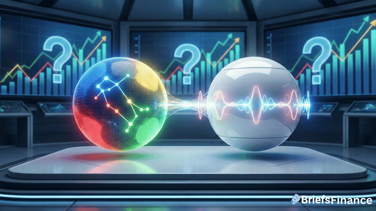 Two spheres—one colorful with a constellation, the other white with a wave pattern—are in a high-tech room as graph charts and question marks on screens hint at discussions like the Google Earnings Call or Apple’s Siri-Gemini Partnership.