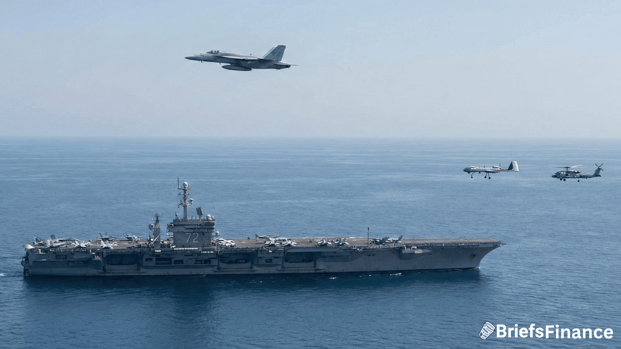 The USS Abraham Lincoln, a key vessel of the U.S. Military, sails at sea with fighter jets and helicopters soaring overhead under clear skies.
