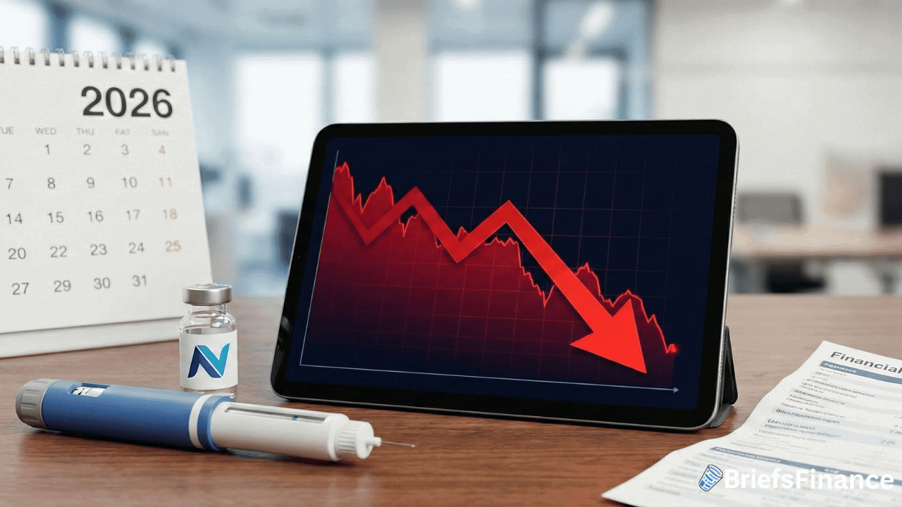 A tablet displays a red downward stock chart next to a calendar marked 2026, an injection device, a vial, and financial documents on a desk, reflecting the impact of a sales warning on Novo Nordisk shares.