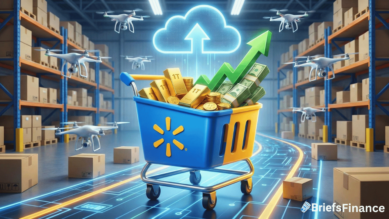 A shopping cart filled with cash, gold, coins, and Walmart's logo sits in a warehouse with drones, boxes, and a digital cloud upload symbol overhead, highlighting Walmart’s e-commerce expansion and growing market cap.