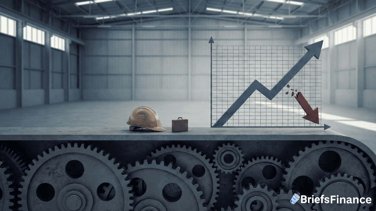 A construction helmet and briefcase sit on a surface with gears, next to a chart showing a sharp rise followed by a downward red arrow—reflecting January 2026 U.S. private payrolls—inside an empty industrial warehouse.