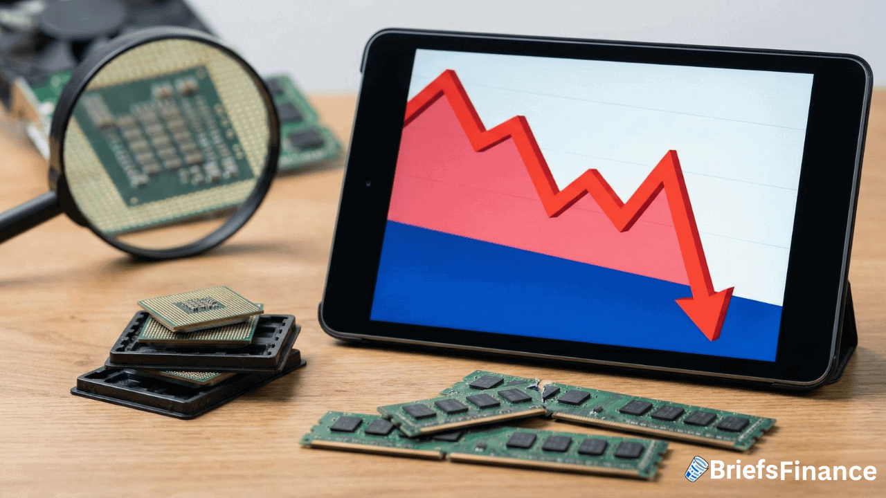 A tablet displaying a downward red graph sits on a desk with computer chips, RAM sticks, and a magnifying glass—hinting at Qualcomm's recent earnings and the ongoing memory shortage. The BriefsFinance logo is visible.