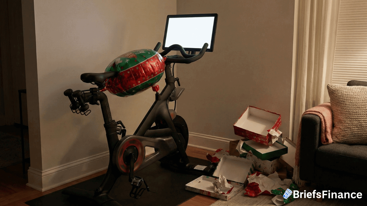 A stationary Peloton bike with a large red bow is surrounded by torn gift wrap and opened boxes in a dimly lit room, capturing the excitement of the holiday quarter.