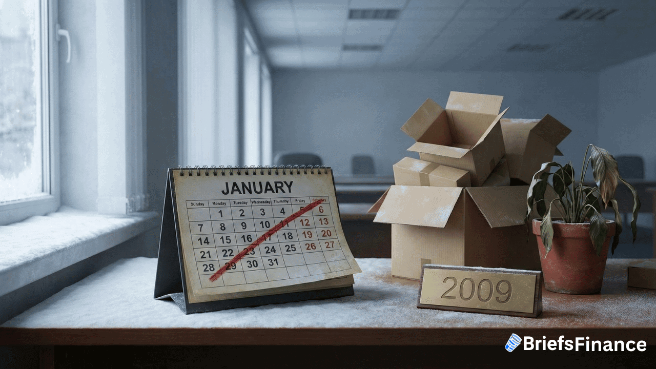A desk with a 2009 desk calendar showing January, several cardboard boxes, a wilted plant, and snow covering the surface, evoking the aftermath of highest layoffs and abandoned offices seen in recent layoff reports.