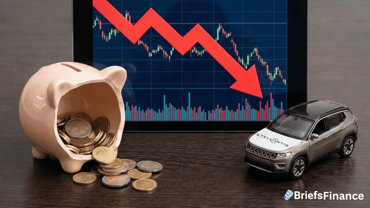 A tipped-over piggy bank, spilled coins, and a toy SUV are placed in front of a tablet showing a stock drop—a nod to Stellantis facing a $26 Billion Charge.