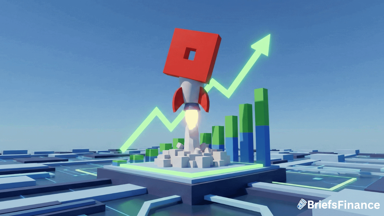 3D rocket with a red Roblox logo launches over bar graphs and a green upward arrow, symbolizing financial growth and strong earnings for Roblox shares, with “BriefsFinance” logo in the bottom right corner.