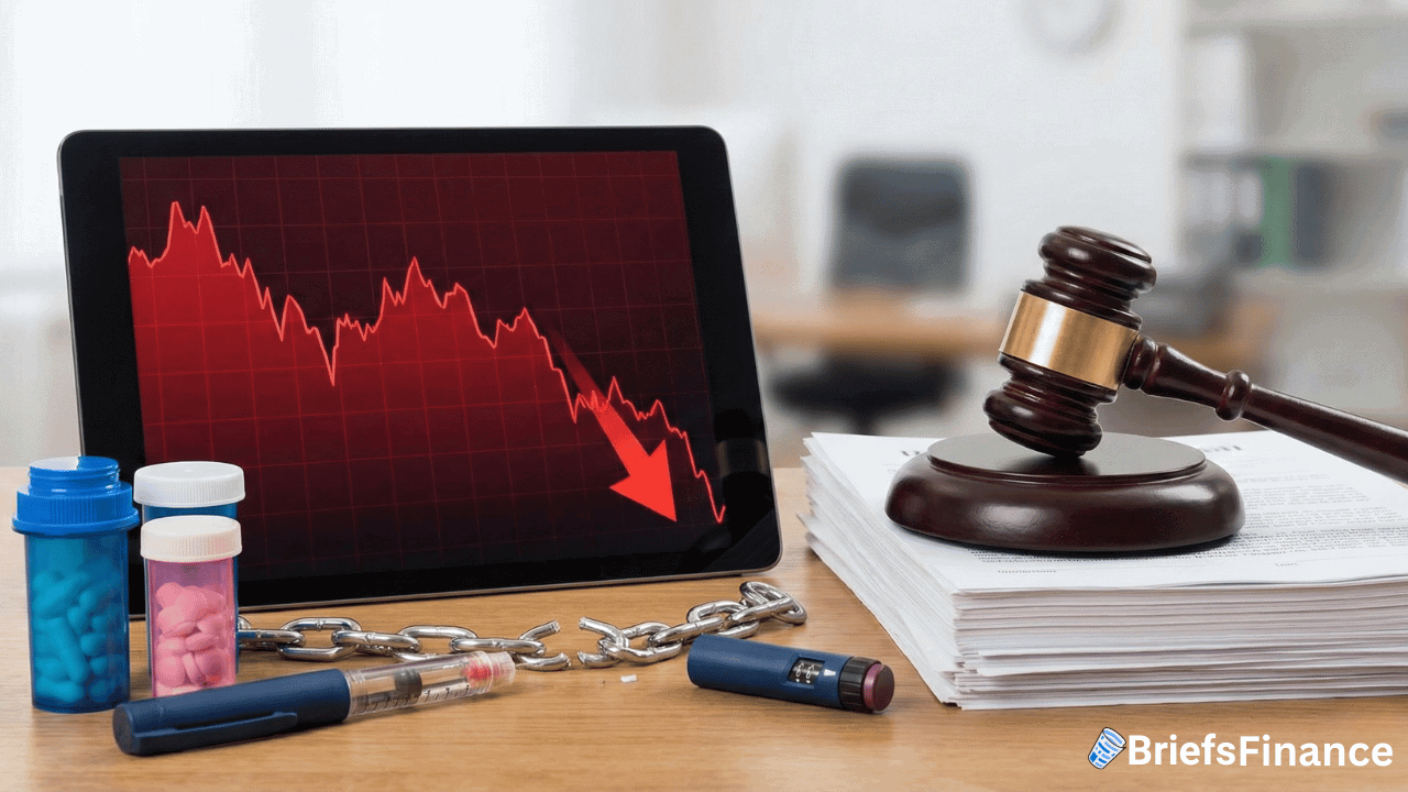 A tablet displays a downward stock chart next to prescription medications, a gavel, and legal documents on a desk; BriefsFinance logo is visible.