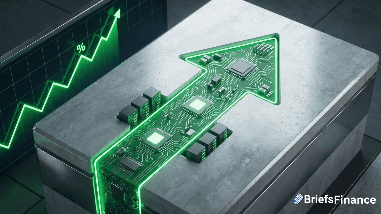 A green upward arrow with circuitry design is shown against a metallic surface, with a rising stock chart and percentage symbol in the background—reflecting AI spending trends. BriefsFinance logo appears in the corner.