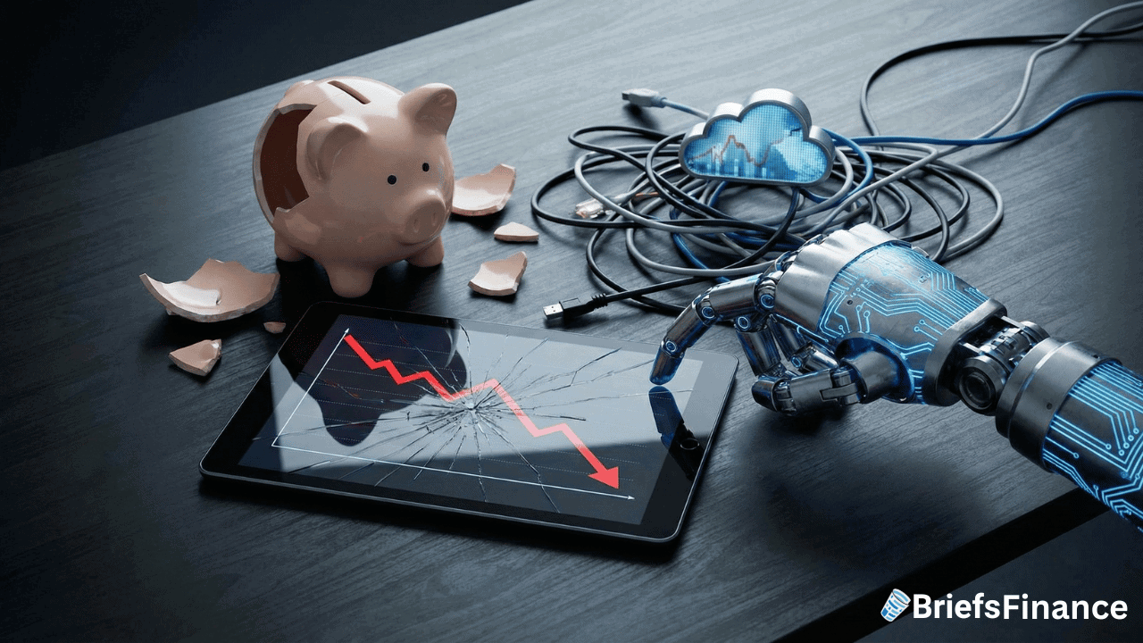 A robotic hand touches a cracked tablet showing a downward trend graph, beside a broken piggy bank and cloud-shaped cables on a dark desk—a scene reflecting AI disruption affecting Monday.com stock.