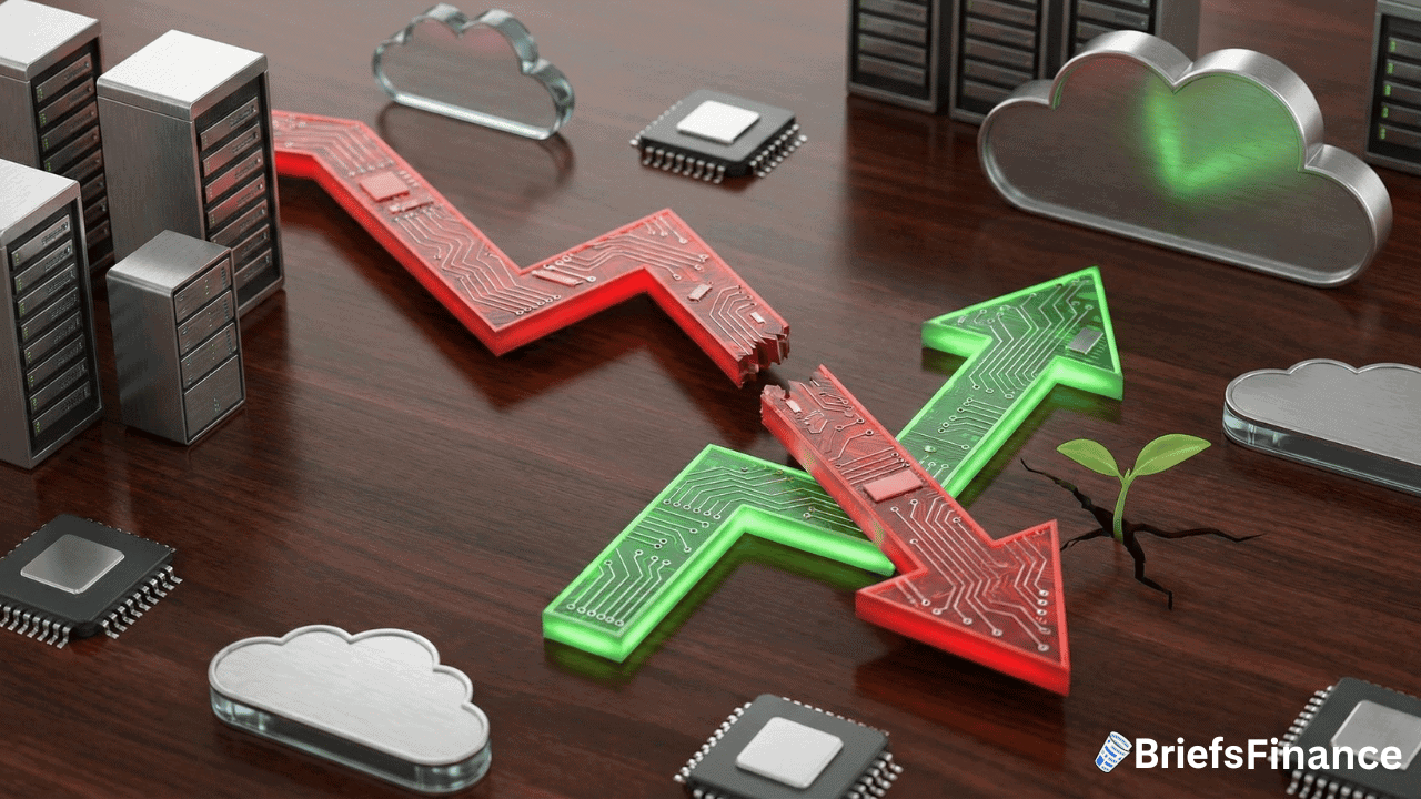 Red and green arrows point in opposite directions among metallic computer components, symbolizing fluctuating Stock Market or Big Tech Stocks trends, with a small plant sprouting from the surface.