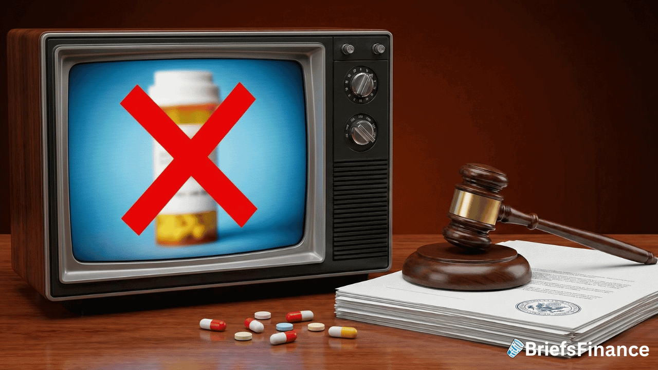 A TV displays a pill bottle with a red "X" over it. Next to the TV are a gavel, documents, and scattered pills, hinting at a legal issue involving Wegovy and its FDA approval by Novo Nordisk.