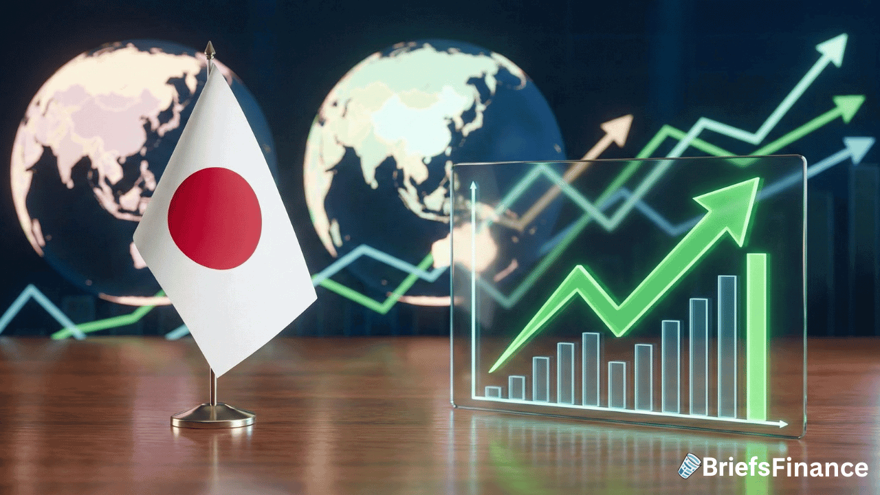 A Japanese flag stands on a desk beside a transparent upward-trending financial chart, reflecting the recent surge in Nikkei 225 Futures, with rising graph lines and world maps in the background.