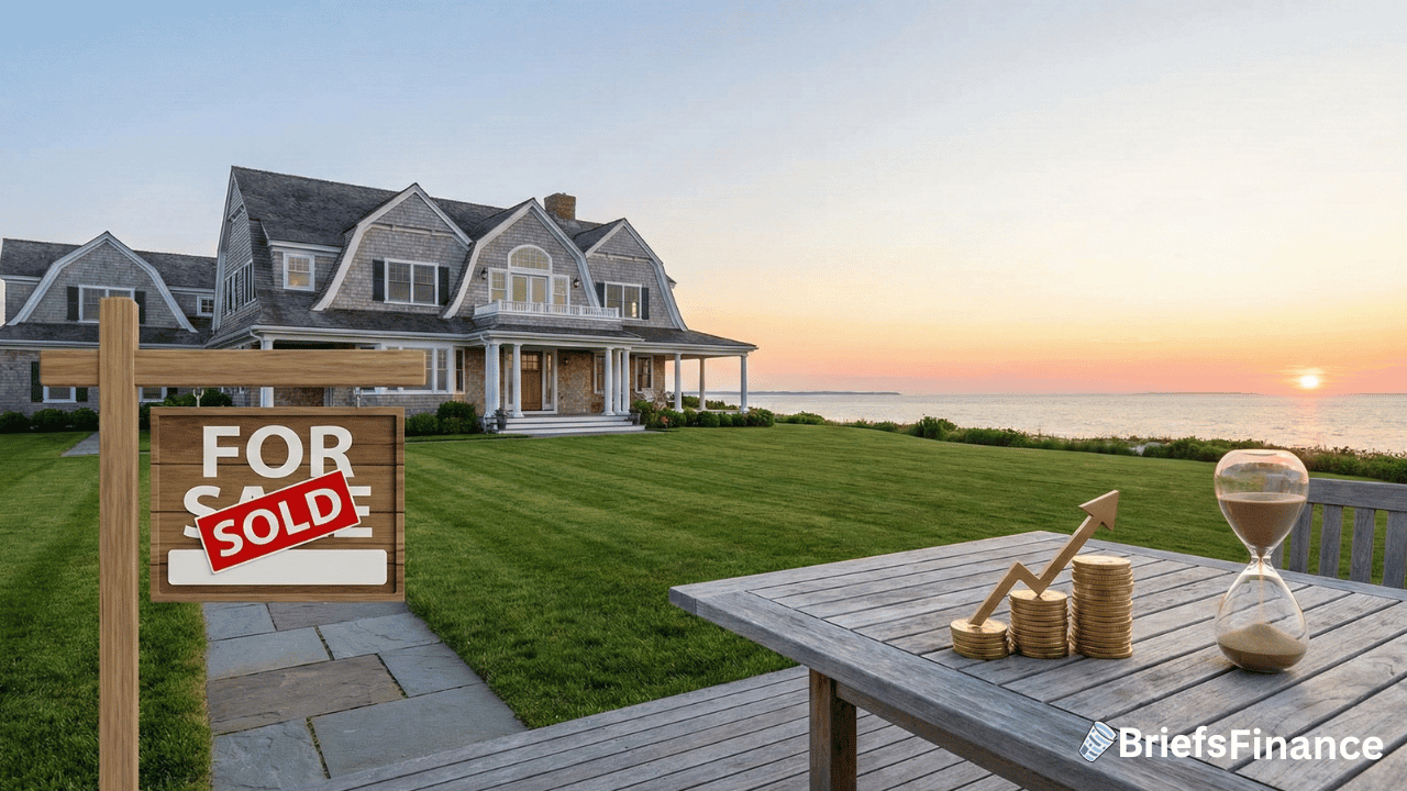 A large waterfront house with a "For Sale" sign marked "Sold," and a table showing stacked coins, an upward arrow, and an hourglass at sunset—capturing the rising real estate prices in Hamptons real estate.