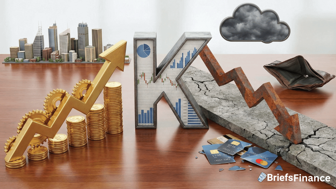 A split scene forms the letter "K," with gears and coins symbolizing growth on one side, and credit cards plus an empty wallet on the other, highlighting the $1.28 trillion in credit card debt fueling the U.S. economic divide.