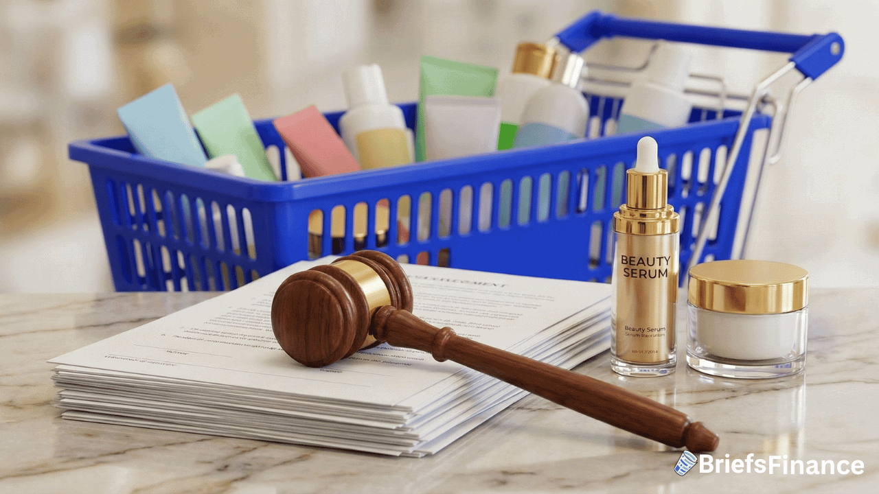 A gavel rests on documents beside beauty products, with a blue shopping basket filled with cosmetics—including Estée Lauder—highlighting concerns about counterfeit products in retail settings.