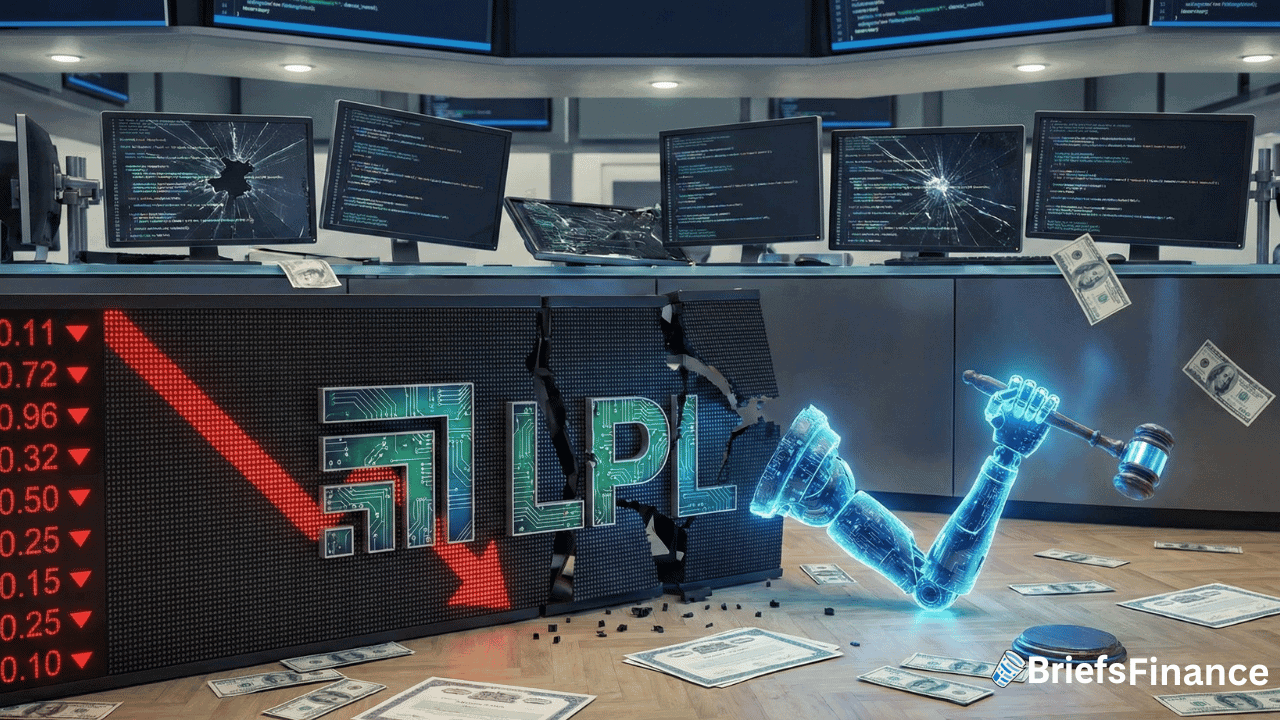 A digital gavel shatters a stock market display with the LPL logo as computer monitors glitch and paper money falls, symbolizing AI disruption and turmoil in financial stocks.