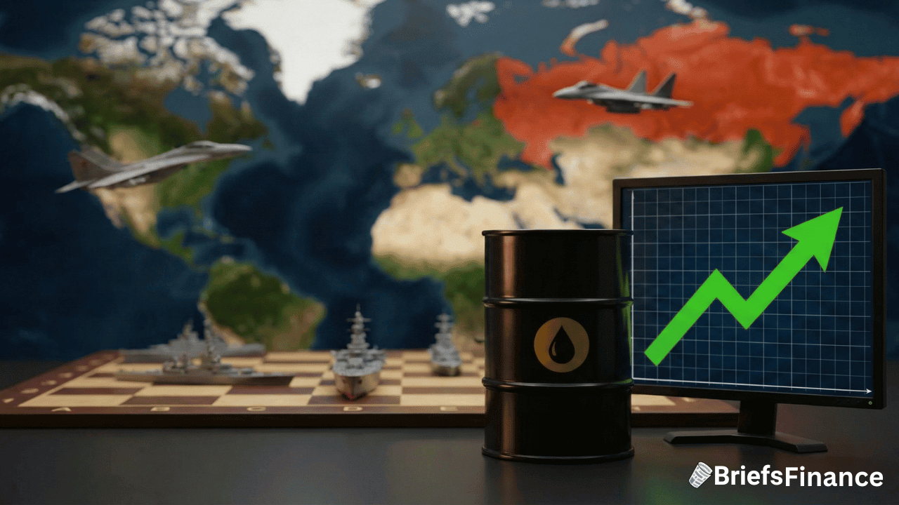 A barrel of oil, a chessboard with ships, rising graph on a monitor, and fighter jets over a world map illustrate how Oil Prices surge amid Iran-related geopolitics and market impact.
