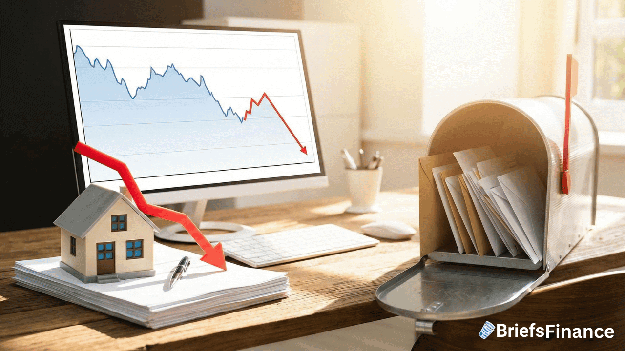 A downward trending graph on a computer screen, a house model with a red arrow pointing down on documents, and an open mailbox with mail, symbolizing declining housing market or finances amid changing mortgage rates.
