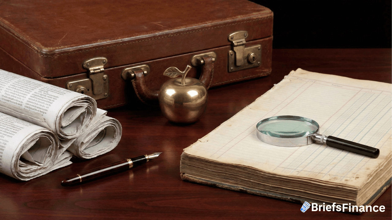 Old ledger book, magnifying glass, pen, rolled New York Times newspapers, a brown leather briefcase, and a gold apple ornament—perhaps symbolizing Apple holdings—rest on a wooden desk.