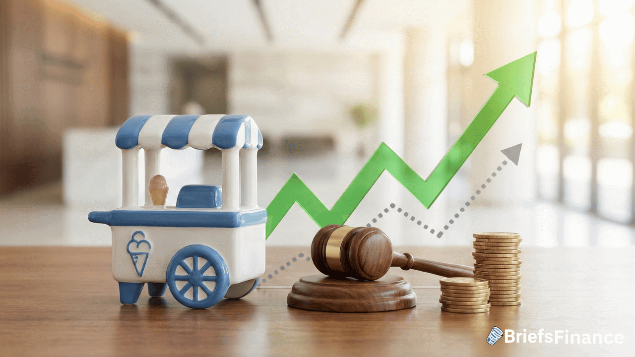 A small ice cream cart figurine, a judge’s gavel, stacks of coins, and an upward-trending green arrow symbolize Q4 growth and regulation in the ice cream business.