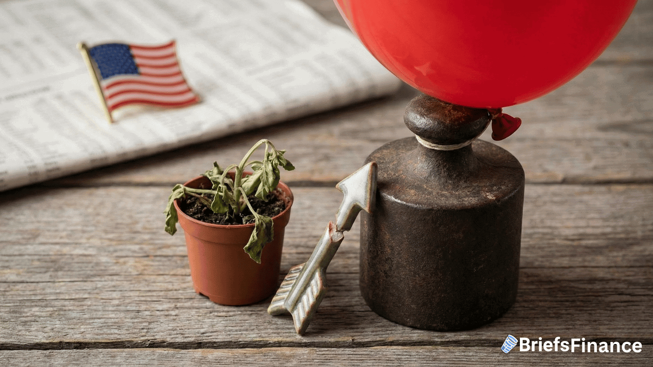 A wilted potted plant, a weighted object with a red balloon and arrow, and a folded newspaper with a small American flag.