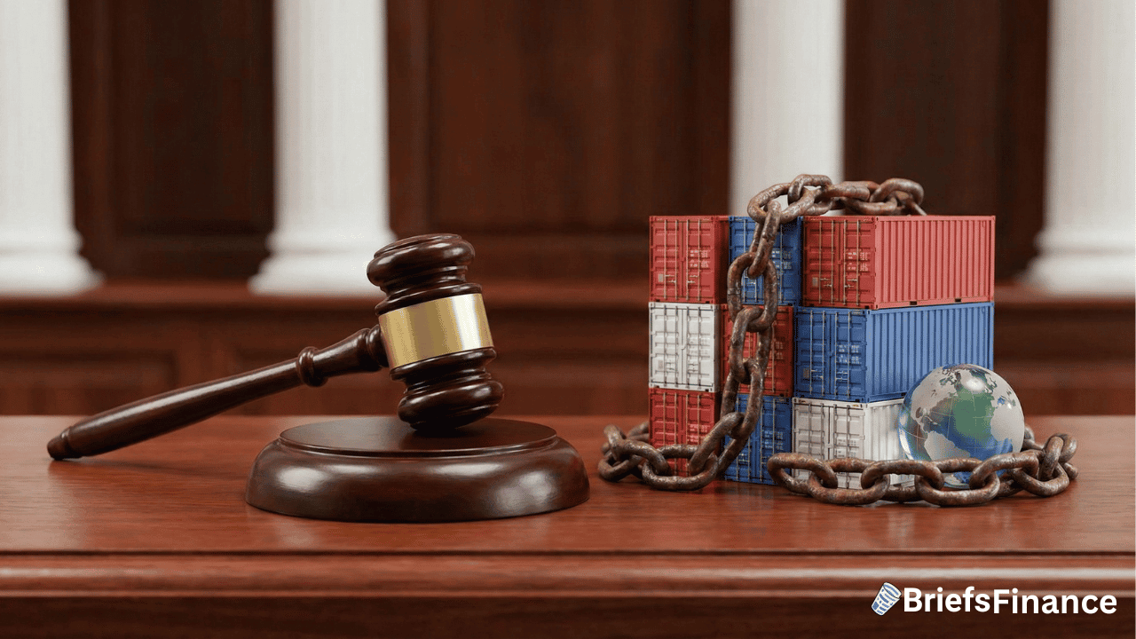 A judge’s gavel rests on a table next to chained shipping containers and a small globe, symbolizing how Supreme Court rulings can impact tariff policies and restrict global trade.
