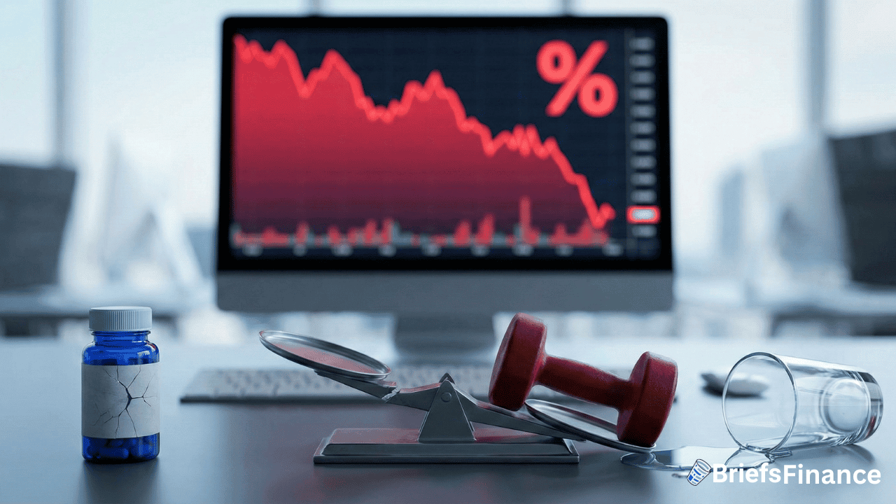 A computer displays a declining stock chart with a percent symbol; in the foreground, a cracked cup, pill bottle—hinting at weight loss drug trial results—a scale, and red dumbbell sit on the desk.