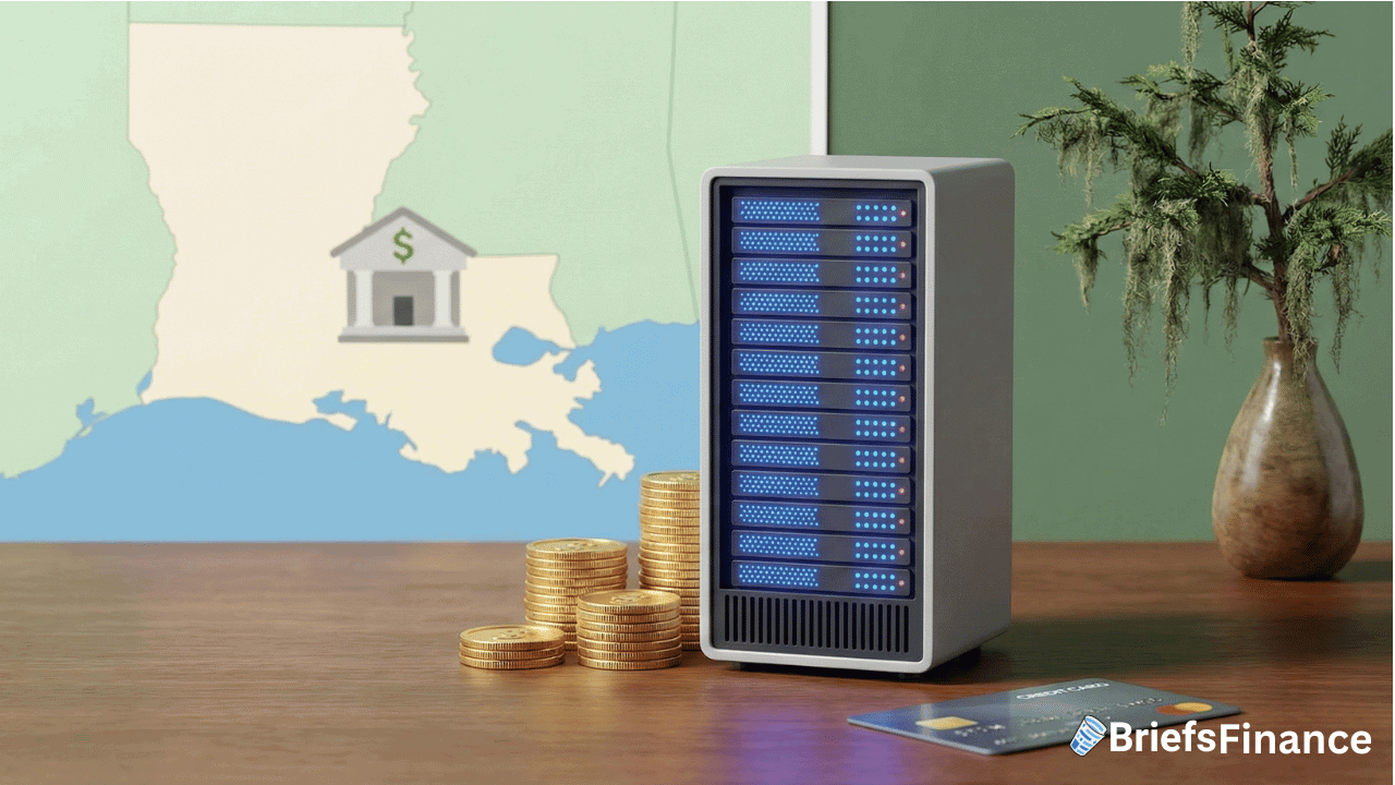 A small server, stacked coins, and a credit card are on a desk with a map and bank illustration in the background. "BriefsFinance" logo appears in the corner.