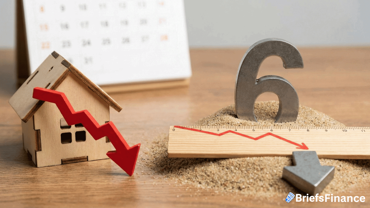 A wooden house model and red declining arrow beside a metal number six, ruler, and sand, with a calendar in the background, illustrating mortgage rates drop and falling housing market rates in 2024.