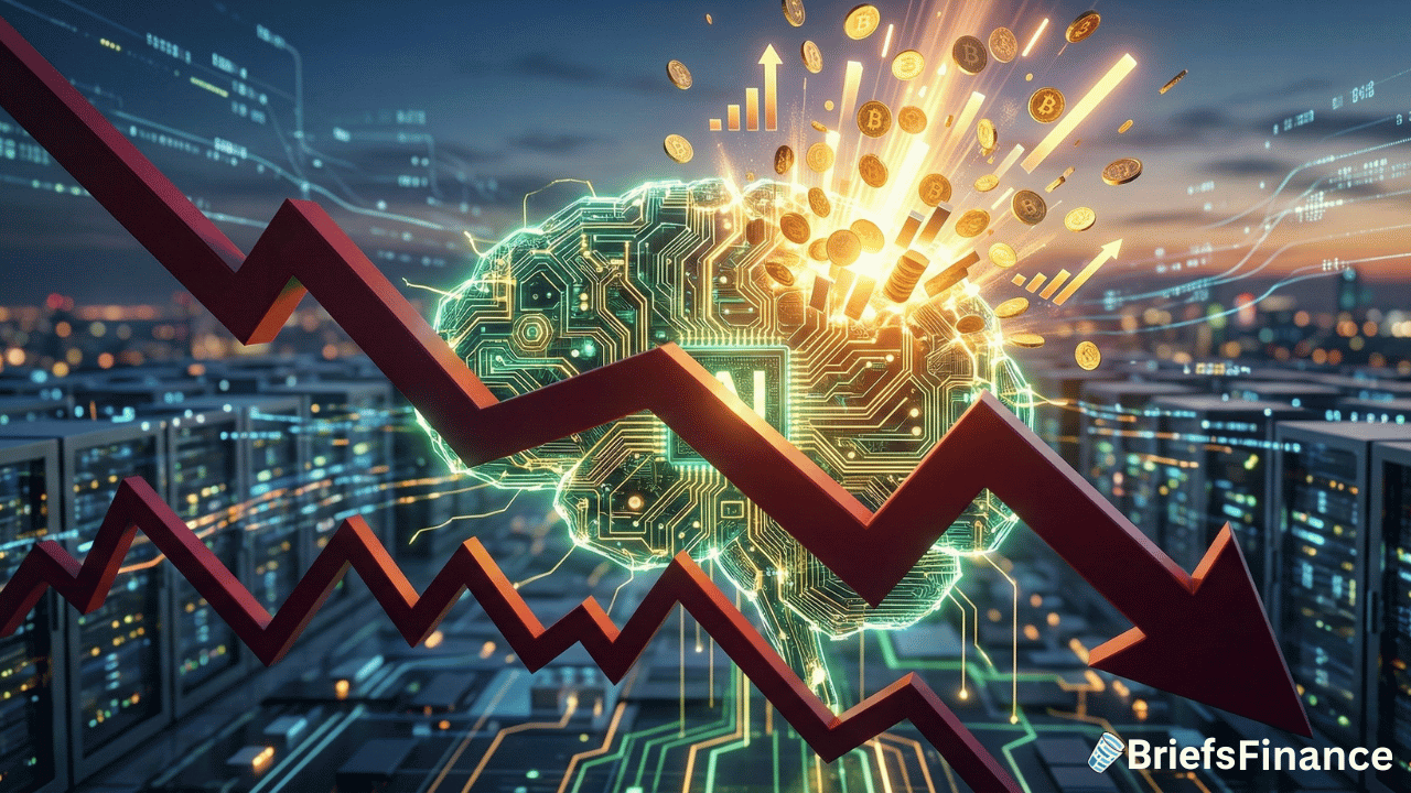 A digital brain with coins and circuit patterns is shown as a red, downward stock graph overlays the scene, suggesting a decline in AI-related finances or Nvidia earnings.