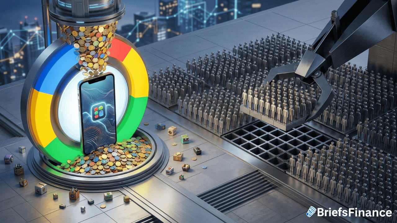 A large coin-filled Google logo surrounds a smartphone displaying finance and eBay app icons, with robotic arms and grids manipulating crowds of metal figurines; the BriefsFinance logo is visible.