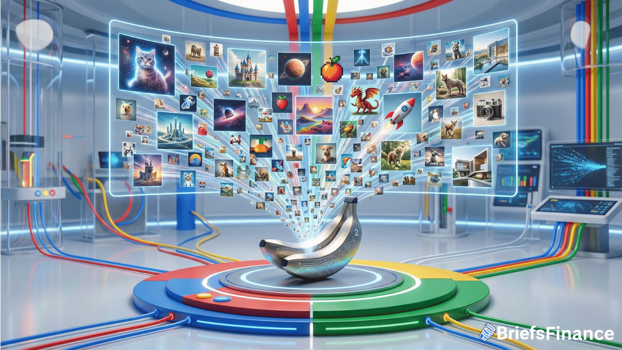 A digital device on a platform displays numerous colorful images and icons floating outward, showcasing an AI Image Tool upgrade in a futuristic room, with data cables and screens reminiscent of Google’s innovative style.