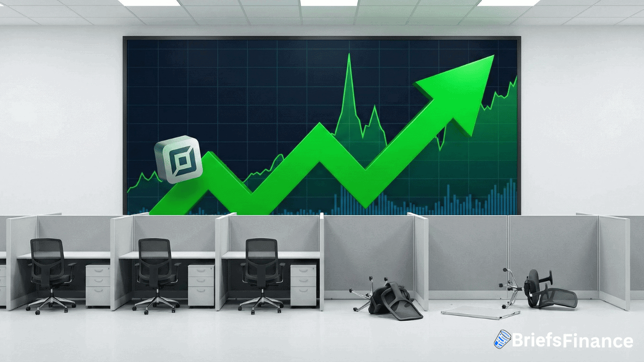 Empty office cubicles in front of a large digital screen showing a green upward trending graph hint at recent layoffs at Block workforce; some chairs are overturned.