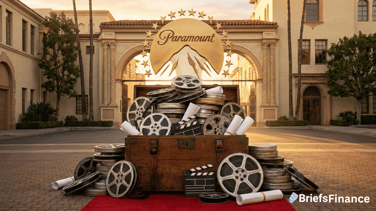 A chest overflowing with film reels, scripts, and clapperboards sits on a red carpet in front of the iconic Paramount Pictures studio gate, capturing the glamour and excitement of Hollywood.