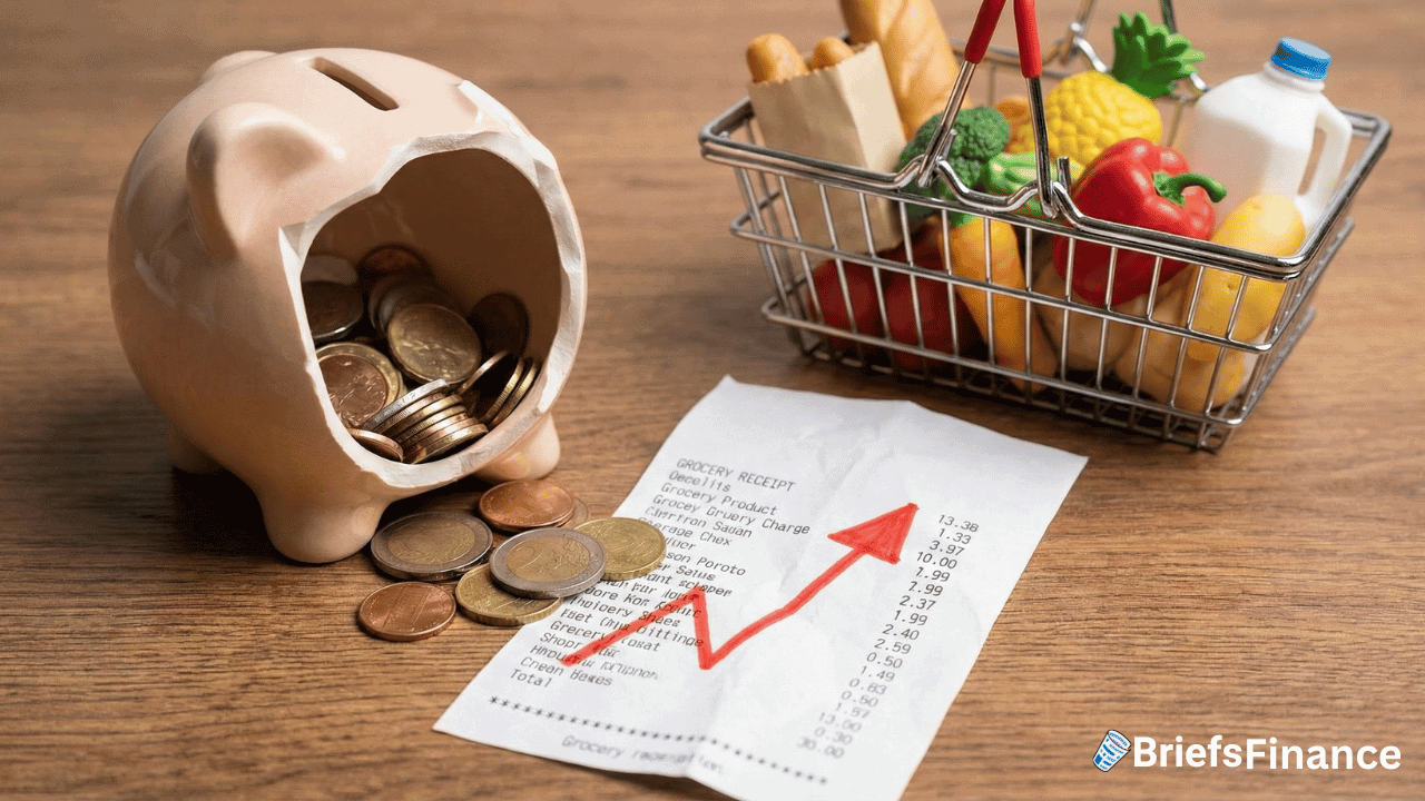 A piggy bank with coins, a grocery receipt with a red upward arrow, and a shopping basket of groceries sit on a wooden table, illustrating rising food costs reflected in the latest inflation data.