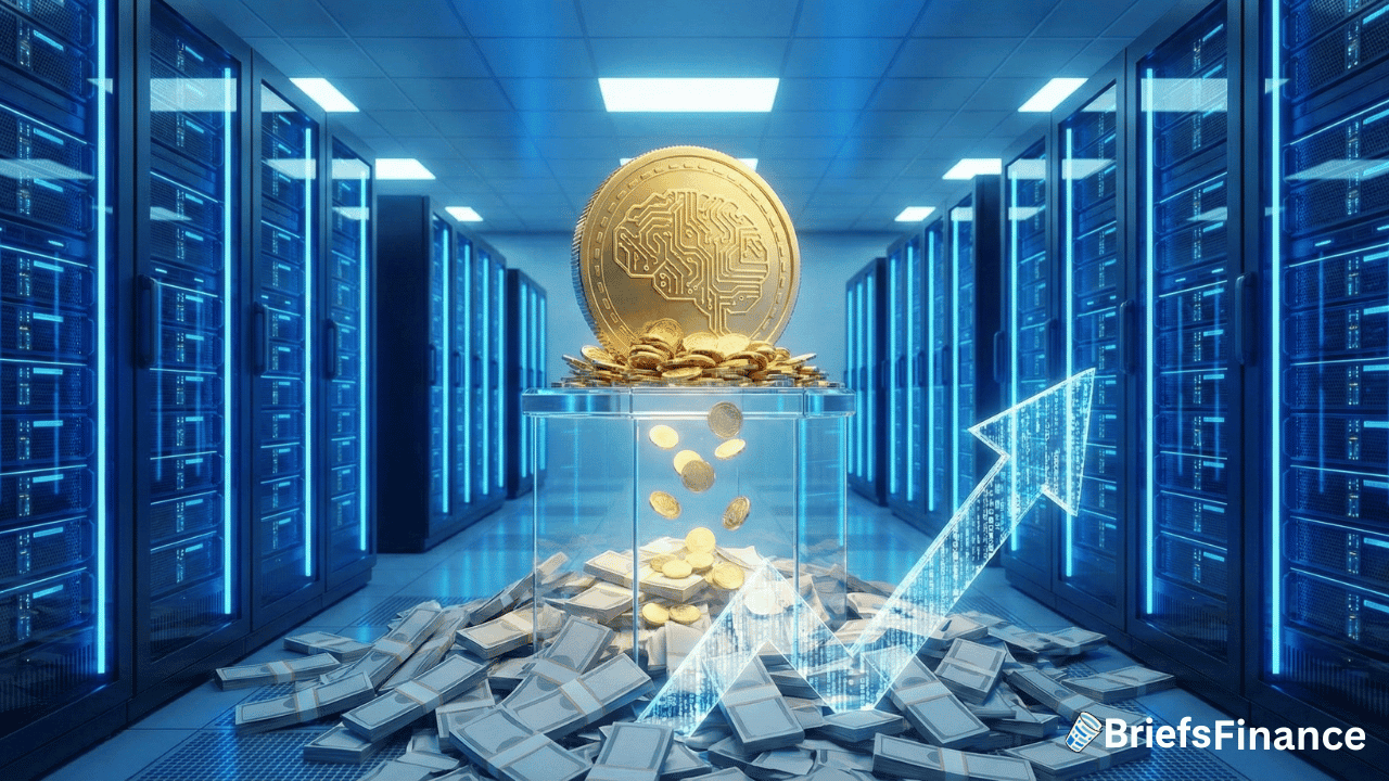 A large digital coin, symbolizing $110 billion in private funding, is surrounded by stacks of cash and coins in a server room, with a rising arrow hologram and the BriefsFinance logo in the corner.