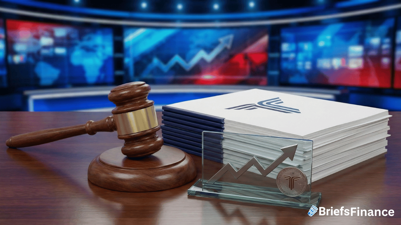 A judge’s gavel, stacked documents, and a rising stock graph trophy sit on a desk in front of monitors displaying financial charts.