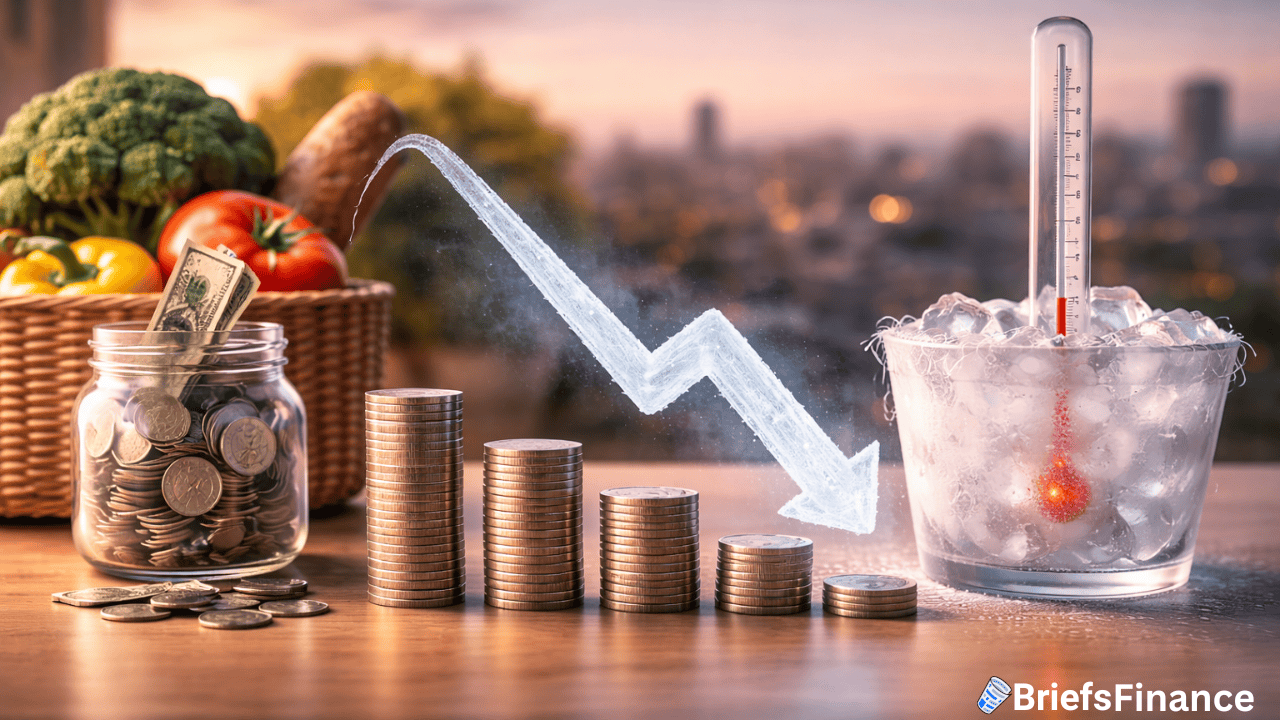 Stacked coins, a basket of groceries, and a thermometer in an ice bucket with a downward arrow symbolize falling inflation and its impact on food prices, money, and even stocks.