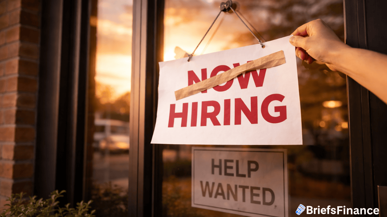 A person removes a "Now Hiring" sign taped over a "Help Wanted" sign on a glass door at sunset, reflecting the higher than expected January job numbers.