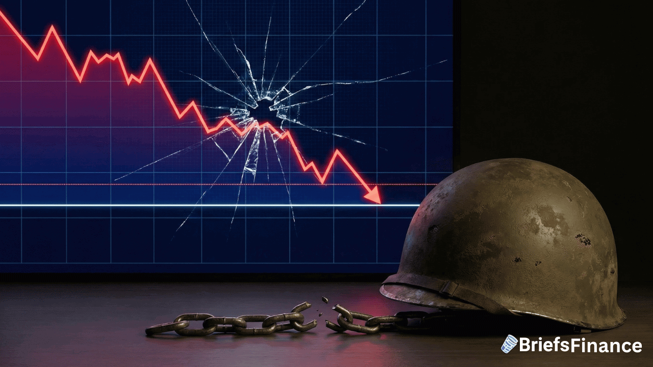 A downward financial graph with a cracked screen, a metal helmet, and broken chains in the foreground; BriefsFinance logo in the corner.