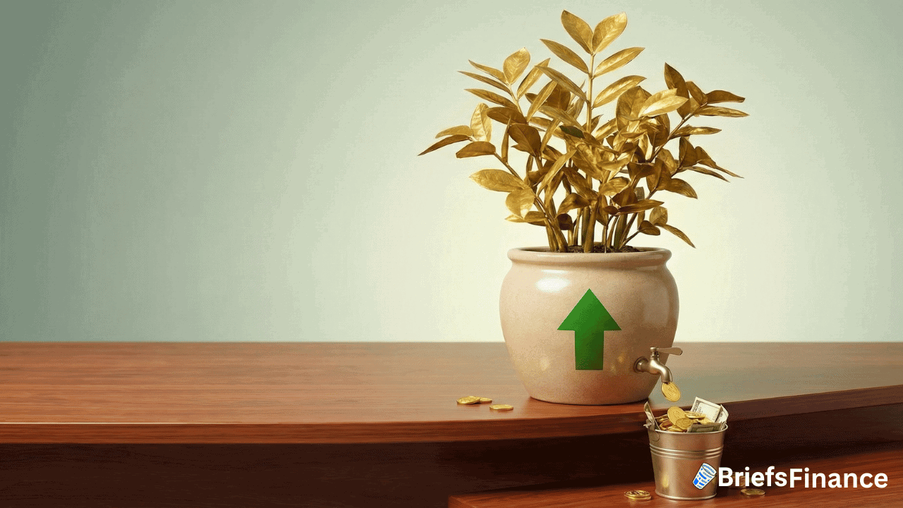 A potted plant with golden leaves and an upward arrow sits on a wooden table, next to a small bucket collecting gold coins, symbolizing financial growth and the importance of retirement savings.