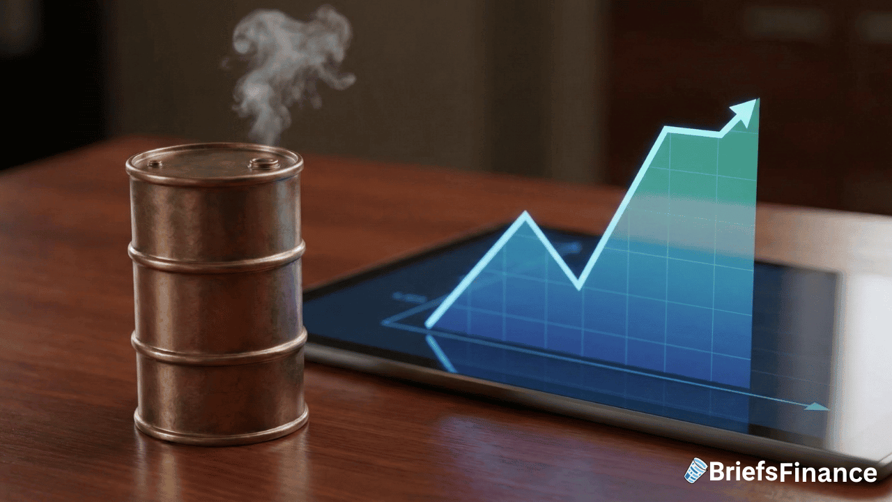 A small metal oil barrel emits steam next to a tablet displaying a rising financial graph, signaling increasing Oil Prices. The image is branded with the BriefsFinance logo.