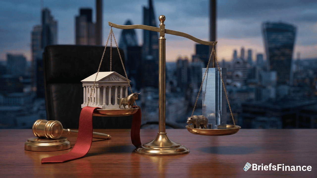 A scale balances a traditional banking model with a bull against a modern glass building featuring a bear, symbolizing the sector's biggest fight; city skyline and BriefsFinance logo in the background.